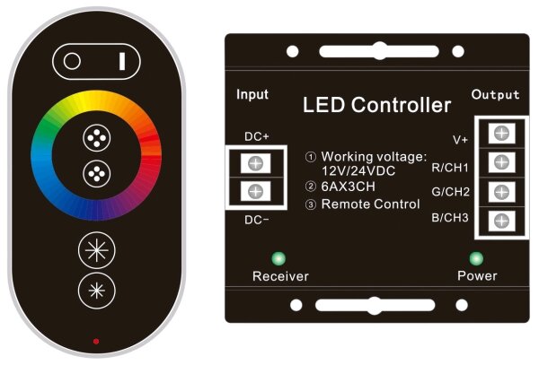 Avide LED-Streifen 12-24V, 216W, RGB, 6 Tasten, RF-Touch-Fernbedienung und Controller