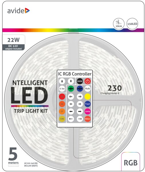 Avide LED-Streifen Blister 12V 22W SMD5050 30LED IC RGB IP65 1m + Intelligente Steuerung