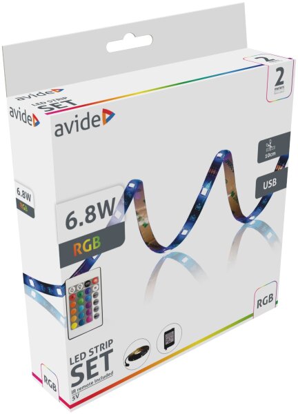 Avide LED-Streifen Blister 5V SMD5050 30LED RGB IP65 2m + IR 24k rem.
